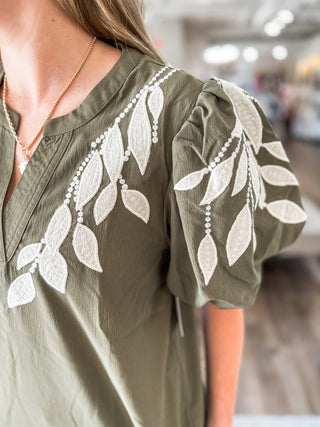 Olive Orchard Embroidered Puff Sleeve Top