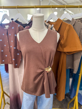 Brown Gathered & Gold V-Neck Top