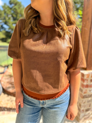 Brown Modern Faux Leather Blouse