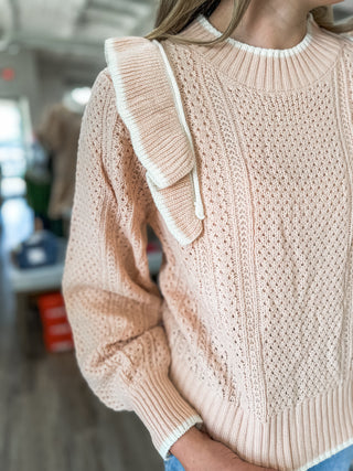 Chelsea's Blush/Ivory Ruffle Shoulder Detail Long Sleeve Sweater Top