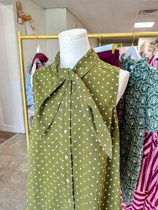 Olive Polished Polka Dots Tie Neck Mini Dress