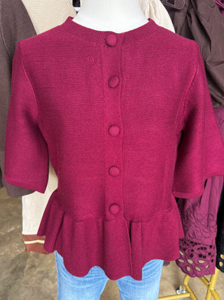 The Burgundy Hadley Peplum Short Sleeve Cardigan