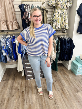 Blue Striped Hello World Short Sleeve Top