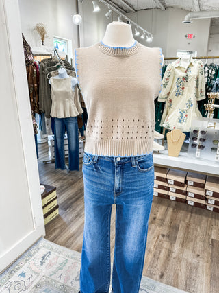 Beige & Blue Playful Trim Sweater Vest