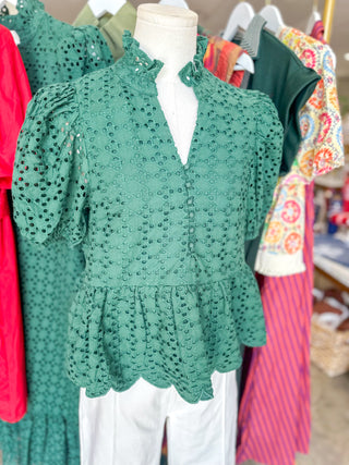 Hunter Green Eloise Eyelet Peplum Top