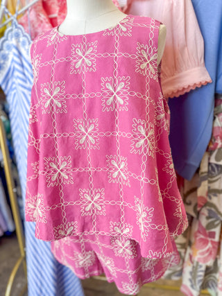 Pink Delicate Thread Embroidered Shorts Set