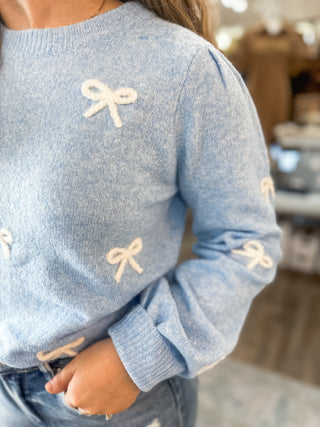 Blue/White Sweetest Thing Bow Sweater