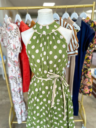 Olive Dotted Darling Halter Neck Belted Maxi Dress
