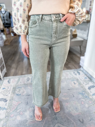 Light Olive Washed High Waist Frayed Hem Bootcut Pants