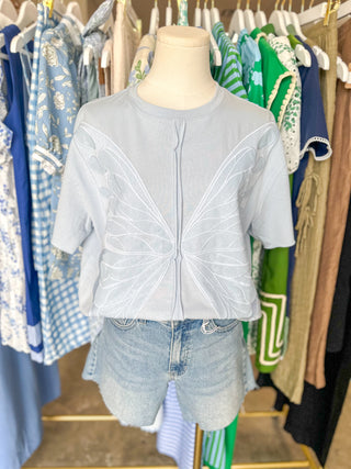 Blue Butterfly Wing Embroidered Short Sleeve Top