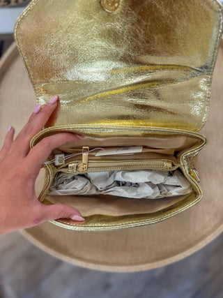 Glimmer Gold Brandy Crossbody | Caroline Hill