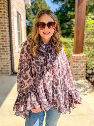 Painted in Purple Tie Neck Blouse