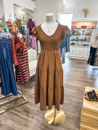 Brown Never Too Classy Smocked Midi Dress