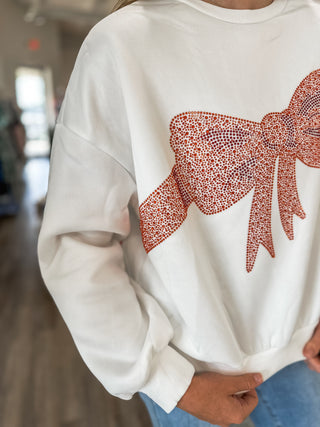 Wrapped & Embellished Rhinestone Red Bow Pull Over