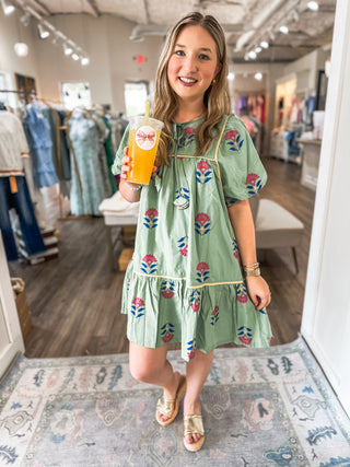 Sage Green Warm Weather Florals Embroidered Tiered Dress
