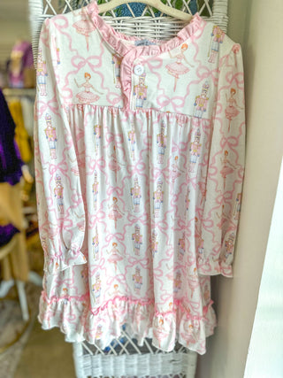 Pink Nutcracker & Bow Print Ruffle Gown