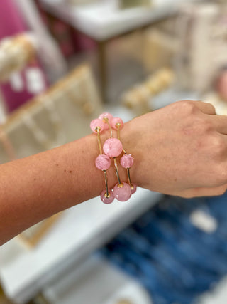 Pink Beaded W/ Gold Bar Set of 3 Stretch Bracelets
