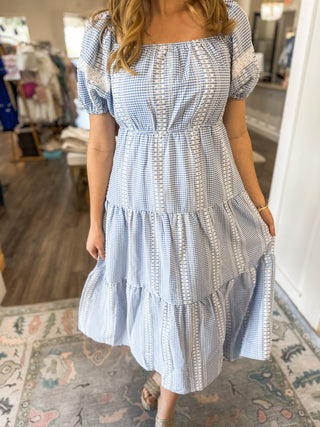 Blue Gingham Grace Embroidered Tiered Midi Dress
