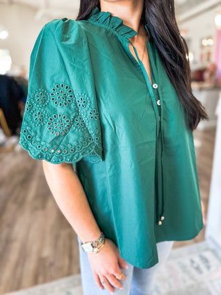 The Hunter Green Claire Eyelet Trim Blouse
