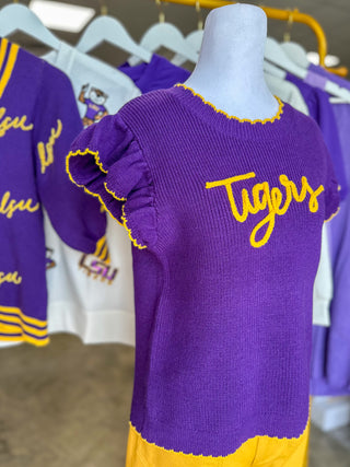 Purple Oakleigh LSU Tigers Scallop Trim Sweater