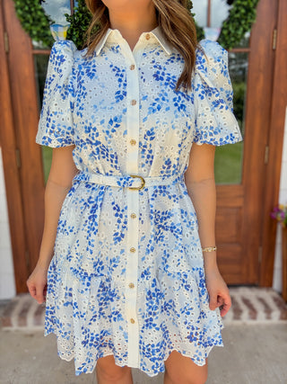 Blue Eyelet Dream Belted Mini Dress