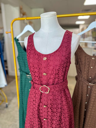 Burgundy Charlotte Eyelet Belted Maxi Dress