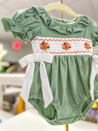 Fall Thanksgiving Chicken Smock Embroidered Green Baby Girl Bubble