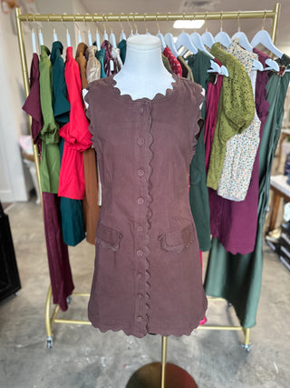 Brown Sweet Detail Scallop Trim Mini Dress