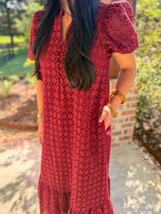 Burgundy Sweet Eyelet Moments Midi Dress