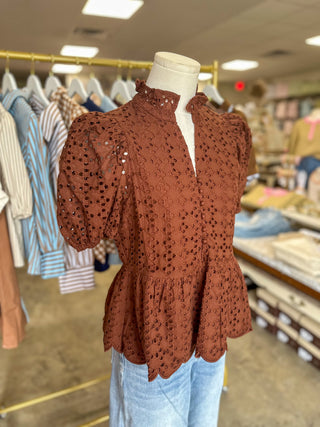 Brown Eloise Eyelet Peplum Top