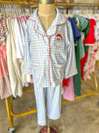 Blue Christmas Santa Embroidery Plaid Girls Pajama Set