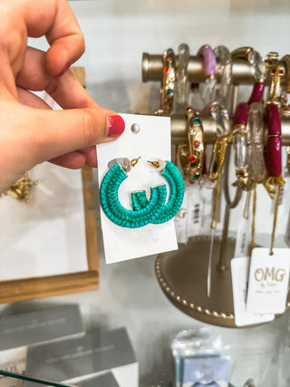 Green Bead Wrapped Hoop Earrings