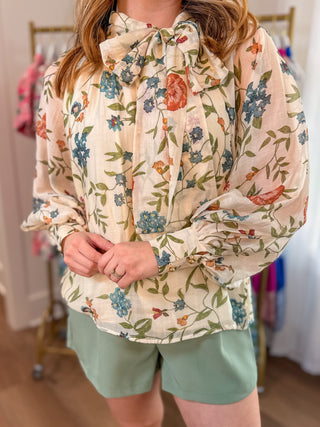 Ecru Garden Grace Bow Tie Neck Top
