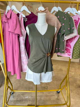 Olive Gathered & Gold V-Neck Top