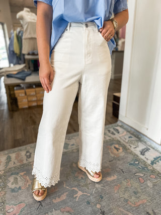 White Sweet Eyelet Serenity Wide Leg Light Wash Jeans