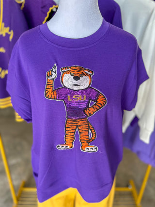 Purple Emily LSU Tiger Mascot Sequin Top