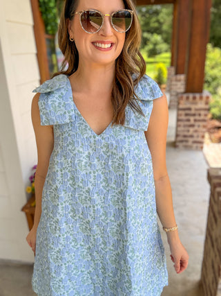Blue & Green Blooming Grace Bow Sleeve Mini Dress