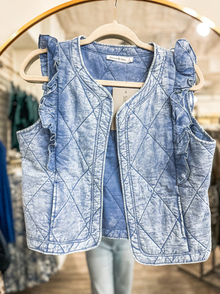 Softened Denim Blue Ruffle Detail Quilted Vest