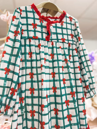 Green & Red Plaid Bow Ruffle Gown