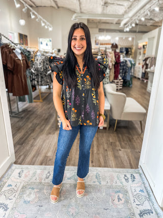 Black Whimsy Blooms Button-Up Top