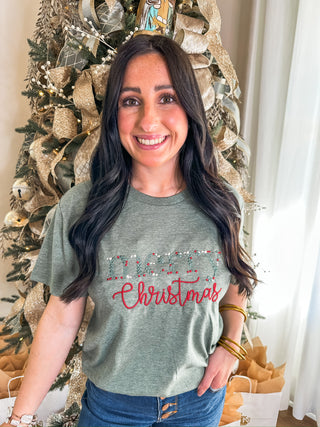 Heather Green Merry Christmas Floral Embroidered Tee