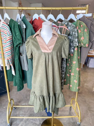 Olive Vinyard Stroll Ruffle Suede Mini Dress