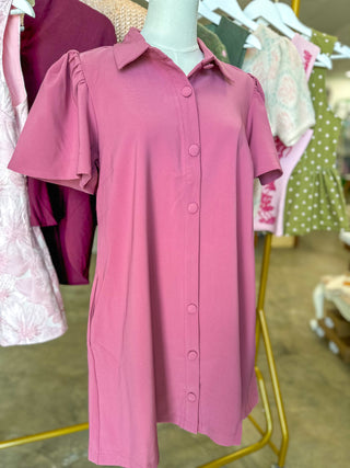Mauve Charm Button Down Collared Mini Dress