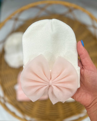 Baby Girl White Hat W/ Pink Chiffon Bow
