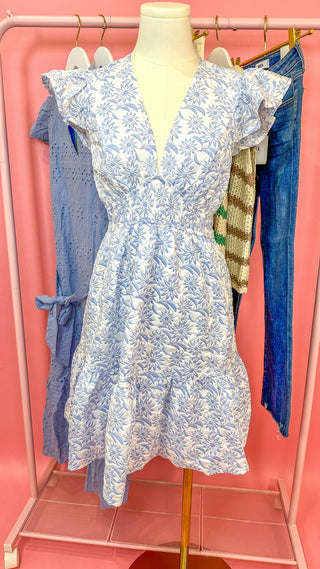 Simply Sweet Blue & White Print Butterfly Sleeve Dress