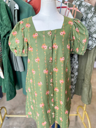 Olive Hidden Grove Floral Button Down Mini Dress