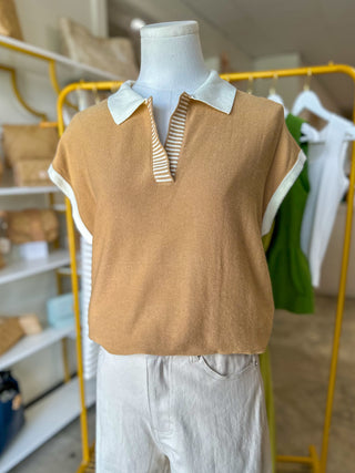 Coastal Coffee Stripe Trim Knit Top