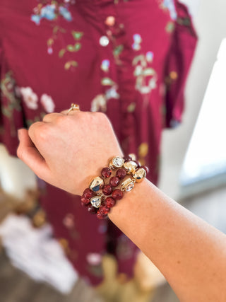 Maroon, Cream & Crystal Set of 3 Natural Beaded Stretch Bracelets