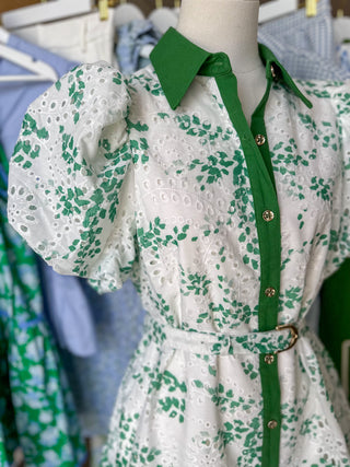 Green Eyelet Dream Belted Mini Dress
