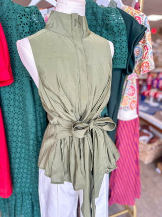 Olive Tailored to Simplicity Tie Waist Sleeveless Top